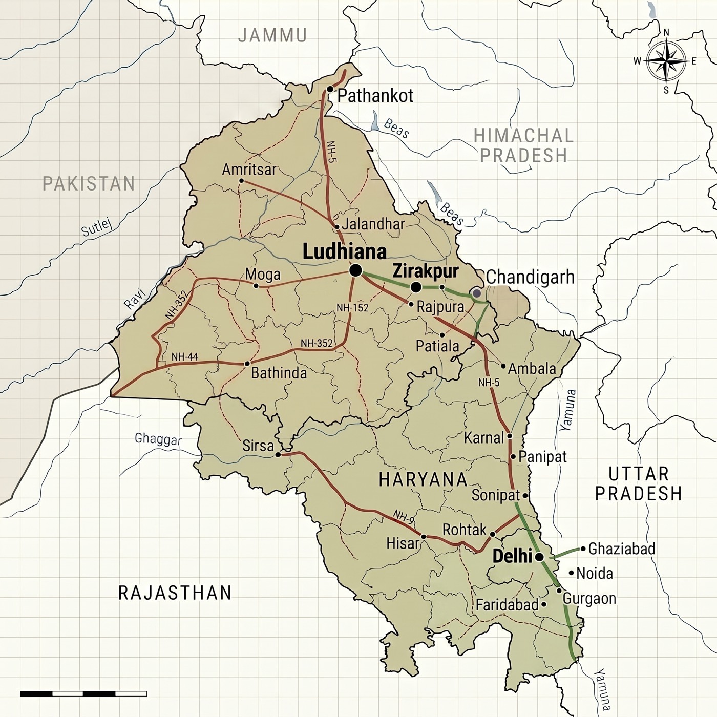 Network coverage map across Punjab, Haryana and Delhi-NCR — with offices in Ludhiana, Zirakpur and Delhi